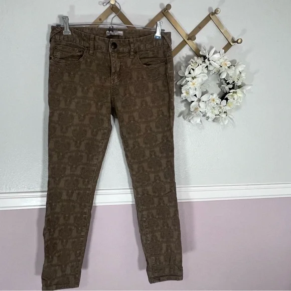Free People Olive Green Victorian/Gothic Patterned Ankle Jeans - Picture 2 of 15